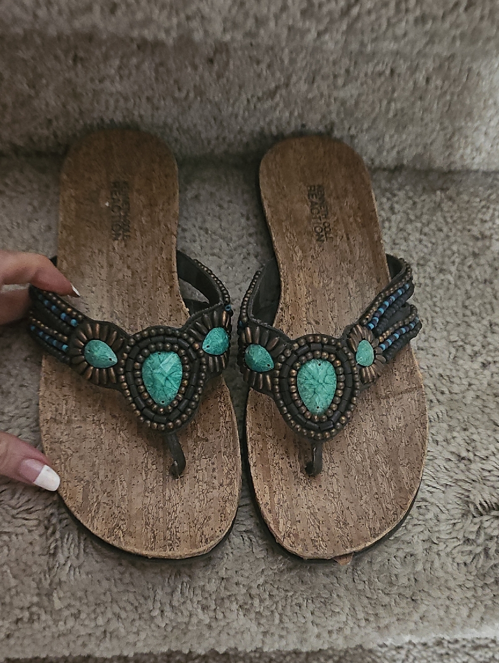 Kenneth Cole 8.5 Brown Sandals with Turquoise Bead Accents Shoes